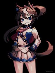 Rule 34 | 1girl, :d, animal ears, artist name, ascot, black background, blue eyes, blue gloves, blue jacket, blue ribbon, blurry, bow, breasts, brown hair, capelet, collared jacket, commentary, cowboy shot, epaulettes, floating hair, gloves, grin, hair between eyes, hair bow, hair intakes, hair ribbon, hands on own hips, head tilt, horse ears, horse girl, horse tail, jacket, legs apart, long hair, long sleeves, looking at viewer, makaroll, miniskirt, multicolored clothes, multicolored hair, multicolored jacket, no pupils, open mouth, pink ascot, pink bow, pleated skirt, ponytail, red capelet, ribbon, simple background, single epaulette, skirt, small breasts, smile, solo, standing, streaked hair, tail, tokai teio (umamusume), two-tone jacket, umamusume, white jacket, white skirt