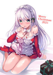 Rule 34 | 1girl, apron, arm support, bare shoulders, blush, breasts, center frills, christmas, cleavage, detached collar, detached sleeves, dress, dutch angle, frilled apron, frilled legwear, frilled sleeves, frills, full body, gift, green eyes, green ribbon, hair between eyes, hair ribbon, highres, large breasts, light purple hair, long hair, looking at viewer, maid, maid headdress, neck ribbon, open mouth, original, panties, pink panties, red dress, red legwear, red ribbon, red sleeves, ribbon, santa costume, sidelocks, silver hair, simple background, sitting, smile, solo, sumisuzu, underwear, white background