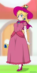 Rule 34 | 1girl, blonde hair, blue eyes, breasts, capelet, crown, door, dress, earrings, elbow gloves, fast-r, frilled dress, frills, gloves, grass, hat, high heels, jewelry, looking at viewer, mario (series), mario kart, mario kart tour, medium breasts, nintendo, pink dress, princess peach, princess peach (halloween), scepter, solo, witch hat