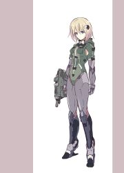 Rule 34 | 1girl, absurdres, android, blonde hair, blue eyes, breasts, clenched hand, green leotard, gun, highres, holding, holding gun, holding weapon, ishiyumi, leotard, mechanical arms, mechanical buddy universe, mechanical legs, medium breasts, momdroid (mechanical buddy universe), science fiction, short hair, solo, weapon, white background