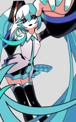 Rule 34 | 1girl, aqua eyes, aqua hair, aqua nails, aqua necktie, bare shoulders, black skirt, black sleeves, black thighhighs, collared shirt, commentary request, detached sleeves, feet out of frame, foreshortening, grey background, grey shirt, hair between eyes, hair ornament, halftone, hatsune miku, highres, long hair, long sleeves, looking at viewer, machigami yoh, miniskirt, nail polish, necktie, open mouth, reaching, reaching towards viewer, shirt, simple background, skirt, sleeveless, sleeveless shirt, solo, standing, thighhighs, twintails, very long hair, vocaloid, watermark, zettai ryouiki