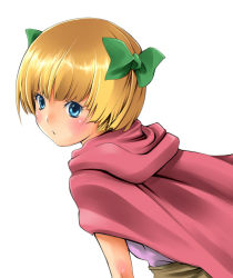 Rule 34 | 1girl, bad id, bad pixiv id, belt, blonde hair, blue eyes, blush, bob cut, bow, cape, dragon quest, dragon quest v, female focus, from behind, green bow, hair bow, hero&#039;s daughter (dq5), i-la, looking at viewer, looking back, short hair, simple background, solo, white background