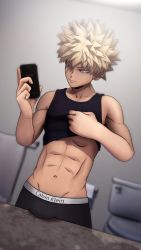 Rule 34 | 1boy, 3d, :|, abs, bakugou katsuki, bare shoulders, bathroom, black male underwear, blonde hair, boku no hero academia, boxers, brand name imitation, bulge, calvin klein, closed mouth, clothes lift, collarbone, commentary, english commentary, greatm8, highres, holding, holding phone, looking away, male focus, male underwear, muscular, muscular male, navel, phone, product placement, red eyes, selfie, shirt lift, short hair, solo, source filmmaker (medium), spiked hair, tank top, toilet, underwear
