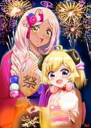 Rule 34 | 2girls, absurdres, aged down, blonde hair, blue flower, bow, braid, brown eyes, dark-skinned female, dark skin, fireworks, flower, hair bow, hair ornament, hairclip, highres, holding fireworks, hololive, hololive english, horns, japanese clothes, kimono, limiter (tsukumo sana), looking at viewer, multiple girls, open mouth, parted bangs, pink bow, pink flower, pink hair, pink kimono, ponytail, purple eyes, shoko tenko, smile, sparkler, tsukumo sana, tsukumo sana (new year), tsunomaki watame, virtual youtuber, yellow kimono