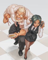 Rule 34 | 1boy, 1girl, beard, belt, cellphone, chopsticks, closed eyes, grabbing another&#039;s ear, elf, facial hair, formal, glasses, green eyes, green hair, grey hair, hand on another&#039;s ear, necktie, original, pantyhose, phone, pointy ears, short hair, size difference, sleeves rolled up, smartphone, talking on phone, yamamoto shikaku