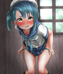 Rule 34 | 1girl, angry, aqua neckerchief, black socks, blue hair, blue panties, blue ribbon, blue sailor collar, blue skirt, blush, breasts, brown eyes, closed mouth, fukae (kancolle), gloves, gradient hair, hat, highres, kantai collection, multicolored hair, neckerchief, panties, pleated skirt, pulling own clothes, ribbon, sailor collar, sailor hat, school uniform, serafuku, short hair, short sleeves, side ponytail, sidelocks, skirt, small breasts, socks, solo, tama (tamago), underwear, white hat, window
