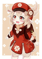 Rule 34 | 1girl, backpack, bag, bag charm, blonde hair, blush, cabbie hat, catstudioinc (punepuni), charm (object), dress, drooling, genshin impact, hat, hat feather, highres, klee (genshin impact), open mouth, pointy ears, red dress, red eyes, red hat, solo