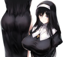 Rule 34 | 1girl, alice gear aegis, ass, black hair, blush, breasts, commentary request, covered erect nipples, cross, cross necklace, dress, habit, highres, jewelry, kagome misaki, large breasts, long hair, looking at viewer, mole, mole under eye, multiple views, necklace, no panties, nun, parted bangs, parted lips, purple eyes, puru (ex-150), side slit, sidelocks, taut clothes, taut dress, veil