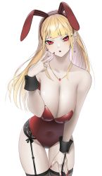 Rule 34 | 1girl, absurdres, animal ears, bare shoulders, blonde hair, blush, breasts, rabbit ears, cleavage, copyright request, covered erect nipples, covered navel, earrings, fake animal ears, highres, jewelry, large breasts, leaning forward, leotard, long hair, nail polish, necklace, norunollu, parted lips, playboy bunny, red eyes, red leotard, red nails, simple background, solo, strapless, strapless leotard, thighhighs, v, white background, wrist cuffs