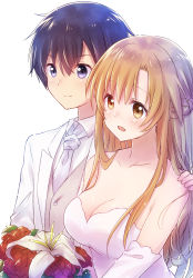 Rule 34 | 1boy, 1girl, absurdres, asuna (sao), bare shoulders, black eyes, black hair, blush, bouquet, breasts, brown eyes, brown hair, cleavage, collarbone, commentary request, dress, elbow gloves, flower, formal, gloves, hair between eyes, highres, holding, holding flower, kirito, large breasts, long hair, matching hair/eyes, nyaa (nnekoron), open mouth, red flower, short hair, simple background, sleeveless, sleeveless dress, smile, strapless, strapless dress, suit, sword art online, wedding dress, white background, white flower, white suit