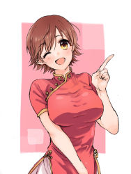 Rule 34 | 1girl, ;d, blush, brown hair, china dress, chinese clothes, dress, highres, honda mio, idolmaster, idolmaster cinderella girls, index finger raised, looking at viewer, na greentea0302, one eye closed, open mouth, pink background, red dress, short hair, short sleeves, sketch, smile, solo, standing, two-tone background, white background, yellow eyes