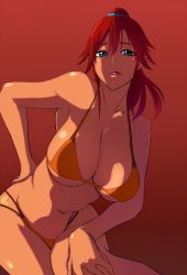 Rule 34 | 1girl, baron (nsbaron), bellows (suisei no gargantia), bikini, blue eyes, breasts, cleavage, hand on own hip, large breasts, long hair, looking at viewer, navel, orange bikini, parted lips, red background, red hair, simple background, smile, solo, suisei no gargantia, swimsuit