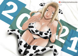 Rule 34 | 1girl, 2021, animal ears, animal print, blonde hair, breasts, brown eyes, cleavage, cow ears, cow girl, cow horns, cow print, horns, huge breasts, large breasts, long hair, naruto, naruto (series), pumpkinjones, sitting, solo, thick thighs, thighs, tsunade (naruto), twintails
