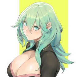 Rule 34 | 1girl, black shirt, border, breasts, byleth (female) (fire emblem), byleth (fire emblem), cleavage, enlightened byleth (female), fire emblem, fire emblem: three houses, green eyes, green hair, hair between eyes, hair over shoulder, highres, kin mokusei, large breasts, light blush, long hair, looking at viewer, nintendo, portrait, shirt, solo, upper body, v-shaped eyebrows, white border, yellow background