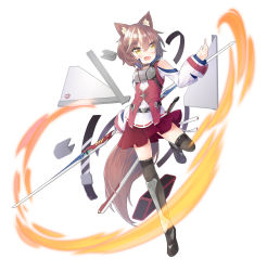 Rule 34 | 1girl, absurdres, animal ear fluff, animal ears, blouse, blush, brown hair, grey thighhighs, hair between eyes, hand up, highres, holding, holding weapon, leg up, lr (last remote 514), medium hair, miniskirt, monochrome background, open mouth, original, red skirt, red vest, shin guards, shirt, simple background, skirt, solo, sword, tail, thighhighs, vest, weapon, white background, white shirt, yellow eyes