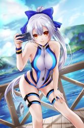 Rule 34 | 1girl, alicexxxfragment, bad id, bad pixiv id, bare shoulders, blue bow, blue one-piece swimsuit, blue sky, bow, breasts, cellphone, cloud, collarbone, commentary request, competition swimsuit, day, fate/grand order, fate (series), hair between eyes, hair bow, hand on thigh, highleg, highleg swimsuit, highres, holding, holding phone, large breasts, leaning forward, long hair, looking at viewer, mitsudomoe (shape), mountain, one-piece swimsuit, outdoors, phone, ponytail, red eyes, shark, silver hair, sky, smartphone, smile, solo, striped clothes, striped one-piece swimsuit, striped wristband, swimsuit, thigh strap, tomoe (symbol), tomoe gozen (fate), tomoe gozen (swimsuit saber) (fate), tomoe gozen (swimsuit saber) (first ascension) (fate), very long hair, water, white one-piece swimsuit, wristband