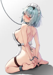 Rule 34 | 1245, 1girl, apron, aqua hair, arms behind back, ass, barefoot, bdsm, black bow, blush, bondage, bound, bound ankles, bound wrists, bow, breasts, chain, character request, collar, coolry, crying, crying with eyes open, cuffs, feet, from behind, full body, gradient background, hair ornament, handcuffs, highres, key, large breasts, leash, looking at viewer, looking back, maid, maid apron, maid headdress, medium hair, mouth hold, naked apron, phantasy star, phantasy star online 2, red eyes, revision, seiza, sideboob, signature, sitting, skindentation, slave, soles, solo, tears, thigh strap, toes