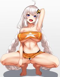 Rule 34 | 1girl, ahoge, arm up, armpits, blue eyes, blush, braid, breasts, covered erect nipples, hair ornament, kizuna akari, large breasts, long hair, looking at viewer, navel, open mouth, silver hair, simple background, smile, solo, squatting, tenken (gotannda), twin braids, voiceroid