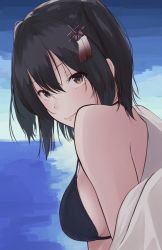 Rule 34 | 1girl, absurdres, bare shoulders, bikini, black bikini, black hairband, breasts, brown eyes, closed mouth, commentary, from side, hair between eyes, hair ornament, hairband, highres, kantai collection, kotatsu (uraom0te), lips, looking at viewer, looking back, looking to the side, medium breasts, ocean, off shoulder, sendai (kancolle), shirt, short hair, sideboob, sky, smile, solo, swimsuit, two side up, undressing, upper body, white shirt