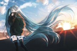 Rule 34 | absurdly long hair, black jacket, black thighhighs, blue eyes, blue hair, blue sky, cloud, cloudy sky, commentary request, covered mouth, floating hair, hand in pocket, hatsune miku, highres, jacket, long hair, long sleeves, looking at viewer, outdoors, pentagon (railgun ky1206), pleated skirt, puffy long sleeves, puffy sleeves, skirt, sky, sunrise, thighhighs, twintails, very long hair, vocaloid, white skirt