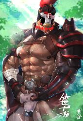 Rule 34 | 1boy, abs, another eidos-r, bara, bare pectorals, bulge, character request, cowboy shot, dark-skinned male, dark skin, excessive pubic hair, forest, framed pectorals, glowing, glowing eyes, helmet, highres, looking to the side, male focus, muscular, muscular male, nature, navel hair, nipples, pectorals, pubic hair, sasagaki w, solo, sparse chest hair, standing, stomach, strongman waist, sweat, very sweaty
