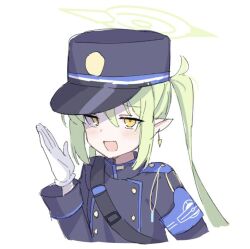 Rule 34 | 1girl, black hat, blue archive, blush, earrings, gloves, green hair, green halo, halo, hat, jewelry, long hair, long sleeves, looking at viewer, open mouth, peaked cap, pointy ears, sanz zzz, side ponytail, simple background, smile, solo, upper body, white background, white gloves, yellow eyes