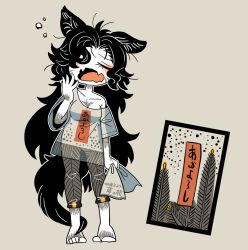Rule 34 | 1girl, alternate costume, animal ears, arm hair, black hair, breasts, chest hair, collarbone, fangs, foot hair, grey background, grey shirt, hair over one eye, holding, imaizumi kagerou, long hair, medium breasts, off shoulder, open mouth, see-through, shirt, short sleeves, solo, tail, touhou, translation request, very long hair, werewolf, wolf ears, wolf tail, yawning, yt (wai-tei)