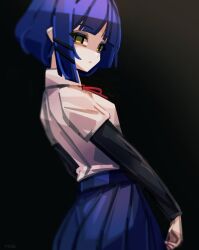 Rule 34 | 1girl, artist name, black background, black sleeves, blue hair, blue skirt, blunt bangs, blurry, bocchi the rock!, breasts, closed mouth, collared shirt, commentary, expressionless, from side, gradient background, hair ornament, hairclip, layered sleeves, leaning back, long sleeves, looking at viewer, looking back, looking to the side, makaroll, neck ribbon, no pupils, pleated skirt, red ribbon, ribbon, school uniform, shaded face, shirt, shirt tucked in, short hair, short sleeves, simple background, skirt, small breasts, solo, upper body, white shirt, yamada ryo, yellow eyes