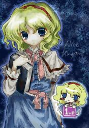 Rule 34 | 1girl, 1up, alice margatroid, blonde hair, blue background, blue dress, blue eyes, blush stickers, book, capelet, character name, chibi, chibi inset, dress, frilled ribbon, frills, hairband, hashtag-only commentary, highres, holding, holding book, long sleeves, looking at viewer, medium hair, neck ribbon, red hairband, ribbon, snowflake background, touhou, white capelet, yomogi0446