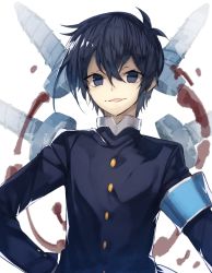 Rule 34 | 1boy, antenna hair, armband, bad id, bad pixiv id, blue eyes, blue hair, buttons, commentary, eyebrows, hair between eyes, hand on own hip, highres, kumagawa misogi, long sleeves, looking at viewer, male focus, matching hair/eyes, medaka box, open mouth, school uniform, screw, simple background, solo, suminagashi, upper body, white background