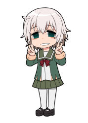 Rule 34 | 1girl, black footwear, chibi, commentary request, double v, empty eyes, full body, fur-trimmed jacket, fur-trimmed sleeves, fur trim, green eyes, green jacket, green sailor collar, green skirt, grey hair, harukaze unipo, jacket, kantai collection, long sleeves, looking at viewer, pantyhose, pleated skirt, sailor collar, school uniform, shimushu (kancolle), short hair, simple background, skirt, solo, standing, v, white background, white pantyhose