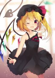 Rule 34 | 1girl, ;d, \m/, alternate costume, alternate hair color, black dress, black hat, blonde hair, blurry, blurry background, blush, bow, breasts, collarbone, commentary request, crystal, dress, fang, fingernails, flandre scarlet, hat, highres, laevatein (tail), looking at viewer, mob cap, multicolored wings, one eye closed, open mouth, red bow, red eyes, ruhika, short hair with long locks, side ponytail, single strap, skin fang, small breasts, smile, solo, sparkle, tail, thighs, touhou, upper body, v, wings