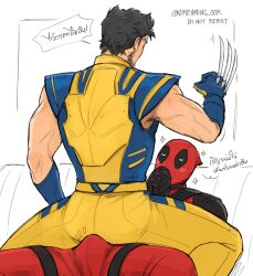 2boys ass back bara black_bodysuit black_hair blue_bodysuit blush bodysuit bulge claw_(weapon) deadpool deadpool_&amp;_wolverine deadpool_(series) dreaming_oor erection erection_under_clothes facial_hair highres male_focus marvel multiple_boys muscular muscular_male own_hands_together praying red_bodysuit short_hair sitting sitting_on_person translation_request twitter_username two-tone_bodysuit weapon wolverine_(x-men) x-men yaoi yellow_bodysuit