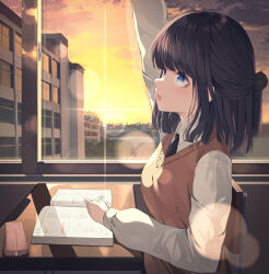 Rule 34 | 1girl, arm up, black hair, black necktie, blue eyes, breasts, building, chair, collared shirt, commentary request, desk, from side, hair bun, highres, indoors, long hair, long sleeves, medium breasts, necktie, open mouth, original, pencil case, puffy long sleeves, puffy sleeves, school, school chair, school desk, school uniform, shiro (acad1213), shirt, solo, sunset, sweater vest, white shirt, window