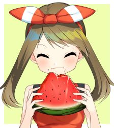 Rule 34 | 1girl, bad id, bad pixiv id, bow, breasts, brown hair, closed eyes, creatures (company), eating, food, fruit, game freak, hair bow, hairband, highres, long hair, may (pokemon), nintendo, pokemon, pokemon oras, red hairband, red shirt, shirt, simple background, sleeveless, sleeveless shirt, small breasts, solo, striped, striped bow, twintails, upper body, watermelon, yuihico