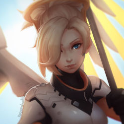 Rule 34 | 1girl, artist name, black gloves, blonde hair, blue background, blue eyes, bodysuit, closed mouth, gloves, hair over one eye, holding, koyorin, looking at viewer, mechanical wings, mercy (overwatch), overwatch, overwatch 1, ponytail, red lips, short hair, simple background, solo, upper body, watermark, web address, wings, yellow wings