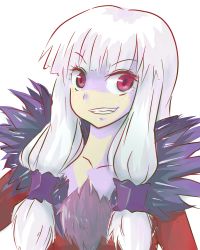Rule 34 | 1girl, agria (tales), dress, freckles, fur, grey hair, grin, long hair, low-tied long hair, open mouth, red eyes, smile, tales of (series), tales of xillia