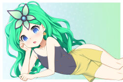 1girl blue_eyes blue_leotard commission commissioner_upload covered_navel earrings elbow_rest final_fantasy final_fantasy_iv fugetsu_taku green_hair hair_ornament head_rest jewelry leotard long_hair looking_at_viewer lying on_side open_mouth rydia_(ff4) sarong skeb_commission solo star_(symbol) star_earrings thighs yellow_sarong