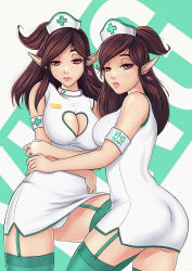 Rule 34 | 1girl, ass, breasts, brown eyes, brown hair, cleavage, cleavage cutout, clothing cutout, heart cutout, large breasts, long hair, nurse, paladins, pointy ears, ying (paladins)