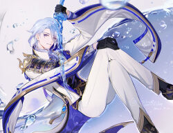 Rule 34 | 1boy, absurdres, arm guards, arm up, armor, artist name, black gloves, blue hair, collared jacket, crossed legs, dated, feet out of frame, flower knot, genshin impact, gloves, gold trim, hair between eyes, hair over shoulder, half gloves, high collar, highres, holding, holding sword, holding weapon, jacket, japanese armor, japanese clothes, kamisato ayato, kimono, lapels, liquid weapon, long sleeves, looking at viewer, male focus, medium hair, mole, mole under mouth, open clothes, open jacket, pants, parted bangs, parted lips, purple eyes, ribbon-trimmed sleeves, ribbon trim, rokuon, shoulder armor, sidelocks, simple background, smile, sode, solo, swept bangs, sword, tassel, teeth, twitter username, two-tone background, vision (genshin impact), waistcoat, water, water drop, watermark, weapon, white jacket, white pants, wide sleeves