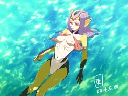 Rule 34 | 1girl, ao no roku-gou, breasts, che (silverspike), female focus, fish girl, monster girl, mutio, nipples, pointy ears, red eyes, solo, water, wet