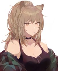 Rule 34 | 1girl, absurdres, animal ears, arknights, bad id, bad pixiv id, bare shoulders, black choker, black tank top, breasts, brown eyes, brown hair, choker, cleavage, commentary, green jacket, highres, jacket, large breasts, lion ears, long hair, looking at viewer, mouth hold, off shoulder, official alternate costume, saibe, siege (arknights), siege (legacy) (arknights), simple background, solo, tank top, upper body, white background