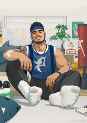 Rule 34 | 1boy, arm tattoo, bandaged leg, bandages, bara, bare arms, beard, bedroom, black hair, blue headband, blue shirt, brucie (infighter821), commission, cross, cross necklace, dark-skinned male, dark skin, dumbbell, dungeon and fighter, facial hair, feet, figure, foot focus, from below, headband, highres, jewelry, koji (wildlhz), looking at viewer, male focus, male priest (dungeon and fighter), mature male, muscular, muscular male, necklace, pectorals, red eyes, second-party source, shirt, short hair, sidepec, sitting, sleeveless, sleeveless shirt, socks, solo, stuffed animal, stuffed shark, stuffed toy, tattoo, white socks