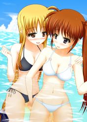 Rule 34 | 2girls, :d, arm grab, artist request, bare arms, bare legs, bare shoulders, beach, bikini, black bikini, blonde hair, blue eyes, blush, breasts, brown hair, cleavage, clenched hand, cloud, collarbone, couple, eye contact, fate testarossa, female focus, hand up, highres, large breasts, legs, long hair, looking at another, looking back, low-tied long hair, lyrical nanoha, mahou shoujo lyrical nanoha, mahou shoujo lyrical nanoha strikers, midriff, multiple girls, navel, neck, open mouth, outdoors, partially submerged, peeing, peeing underwater, red eyes, side ponytail, sky, smile, standing, submerged, swimsuit, takamachi nanoha, thigh gap, very long hair, water, wet, white bikini, yuri