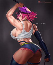 Rule 34 | 1girl, ass, blue eyes, breasts, capcom, character name, collar, denim, denim shorts, elbow gloves, final fight, from behind, gloves, graphite (medium), hat, huge breasts, muscular, muscular female, peaked cap, pink hair, poison (final fight), rejean dubois, short hair, short shorts, shorts, sideboob, single glove, solo, spiked hair, torn clothes, traditional media, watermark, web address, whip