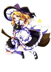 Rule 34 | 1girl, apron, baba (baba seimaijo), black dress, black footwear, blonde hair, bow, braid, broom, broom riding, buttons, dress, frilled dress, frills, full body, hat, hat bow, kirisame marisa, mary janes, puffy sleeves, shoes, short sleeves, side braid, single braid, socks, solo, touhou, waist apron, white background, white socks, witch hat, yellow eyes
