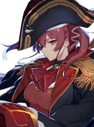 Rule 34 | 1girl, arrow through heart, black coat, breasts, brooch, closed mouth, coat, commentary, epaulettes, eyepatch, from side, hat, hololive, houshou marine, izumi sai, jewelry, large breasts, looking at viewer, medium hair, open clothes, open coat, pirate hat, red eyes, red hair, red shirt, shirt, simple background, solo, twintails, upper body, virtual youtuber, white background