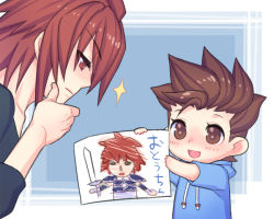Rule 34 | 00s, age difference, brown eyes, brown hair, child, drawing, father and son, folks (nabokof), kratos aurion, lloyd irving, open mouth, red eyes, red hair, short hair, tales of (series), tales of symphonia