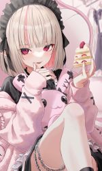 Rule 34 | 1girl, :p, black shirt, black skirt, blush, brown hair, cake, cake slice, closed mouth, food, food on face, fruit, hasisisissy, highres, holding, holding food, jacket, knee up, long sleeves, looking at viewer, makaino ririmu, multicolored hair, nijisanji, off shoulder, open clothes, open jacket, pink hair, pink jacket, purple eyes, shirt, sitting, skirt, sleeves past wrists, smile, solo, strawberry, streaked hair, stuffed animal, stuffed rabbit, stuffed toy, tongue, tongue out, virtual youtuber