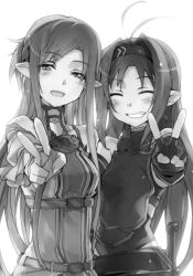 Rule 34 | 10s, 2girls, :d, antenna hair, armor, asuna (sao), asuna (sao-alo), breastplate, breasts, bunbun, collarbone, detached sleeves, dress, closed eyes, fingerless gloves, gloves, greyscale, grin, head tilt, headband, highres, long hair, looking at viewer, medium breasts, monochrome, multiple girls, novel illustration, official art, open mouth, pointy ears, simple background, smile, sword art online, upper body, v, very long hair, white background, yuuki (sao)